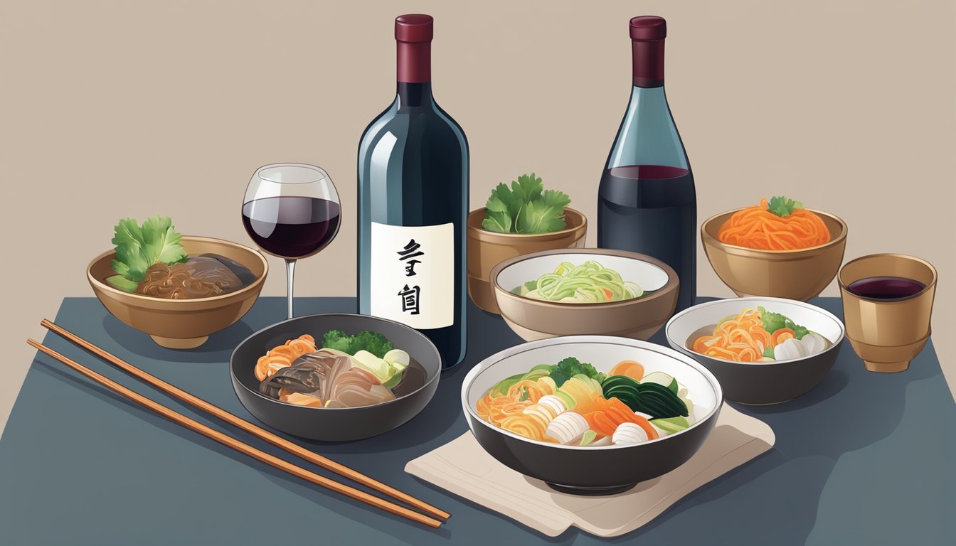 A table set with traditional Korean dishes and a bottle of wine, with chopsticks and a wine glass