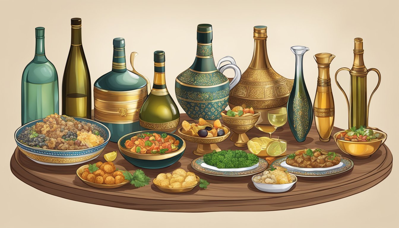 A table set with Yemeni dishes and various wine bottles