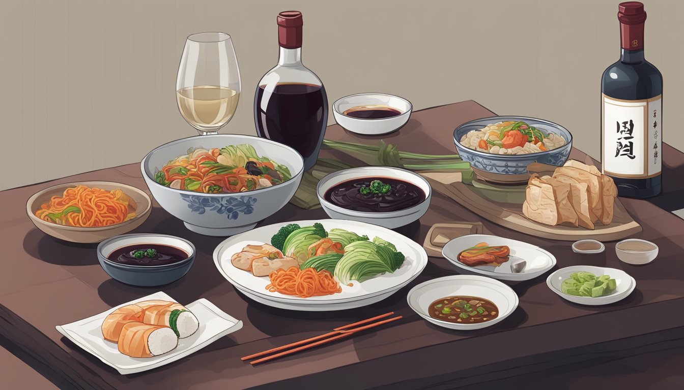 A table set with traditional Korean dishes alongside a bottle of red wine and a glass, with chopsticks and a napkin