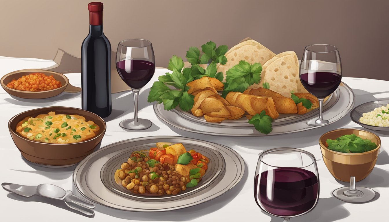 A table set with traditional Yemeni dishes and a bottle of red wine