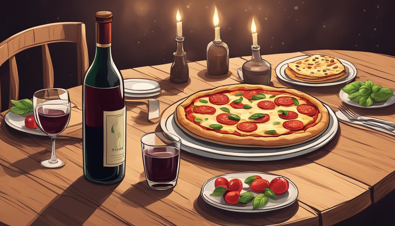 A rustic wooden table set with a steaming margherita pizza and a bottle of rich red wine, surrounded by flickering candlelight