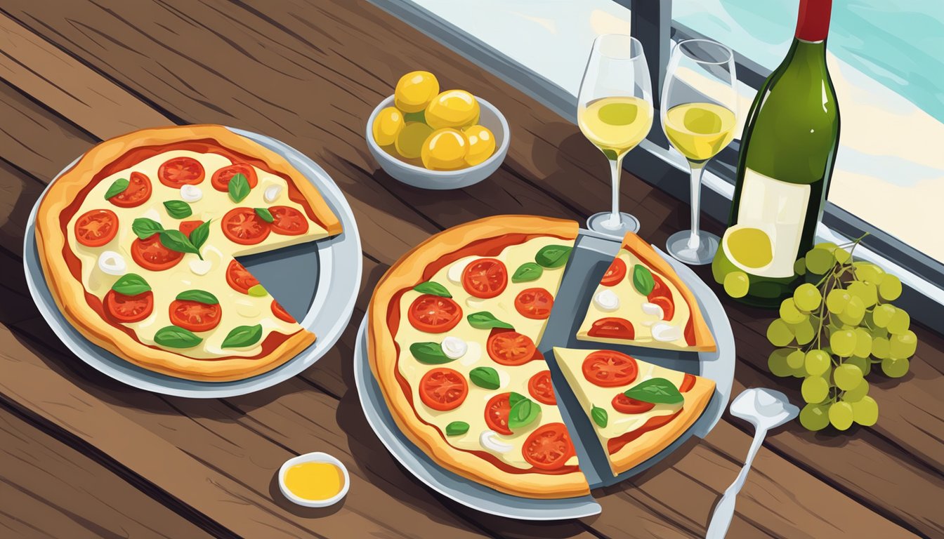 A bottle of white wine next to a margherita pizza on a wooden table