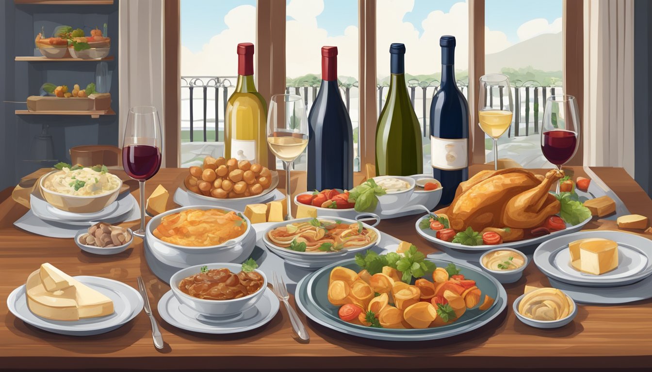 A table set with a spread of classic French dishes, surrounded by bottles of red and white wine