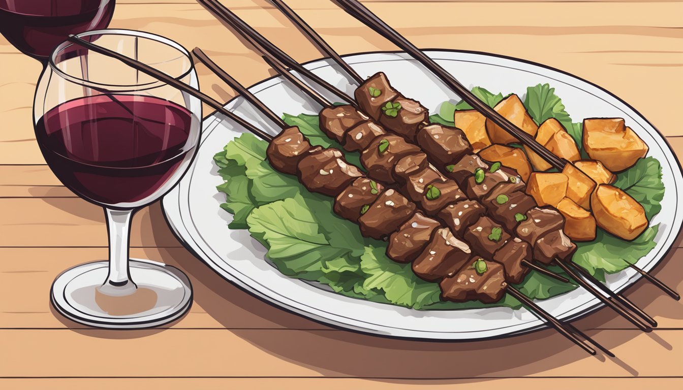 A plate of beef satay skewers with a side of peanut sauce, accompanied by a glass of red wine