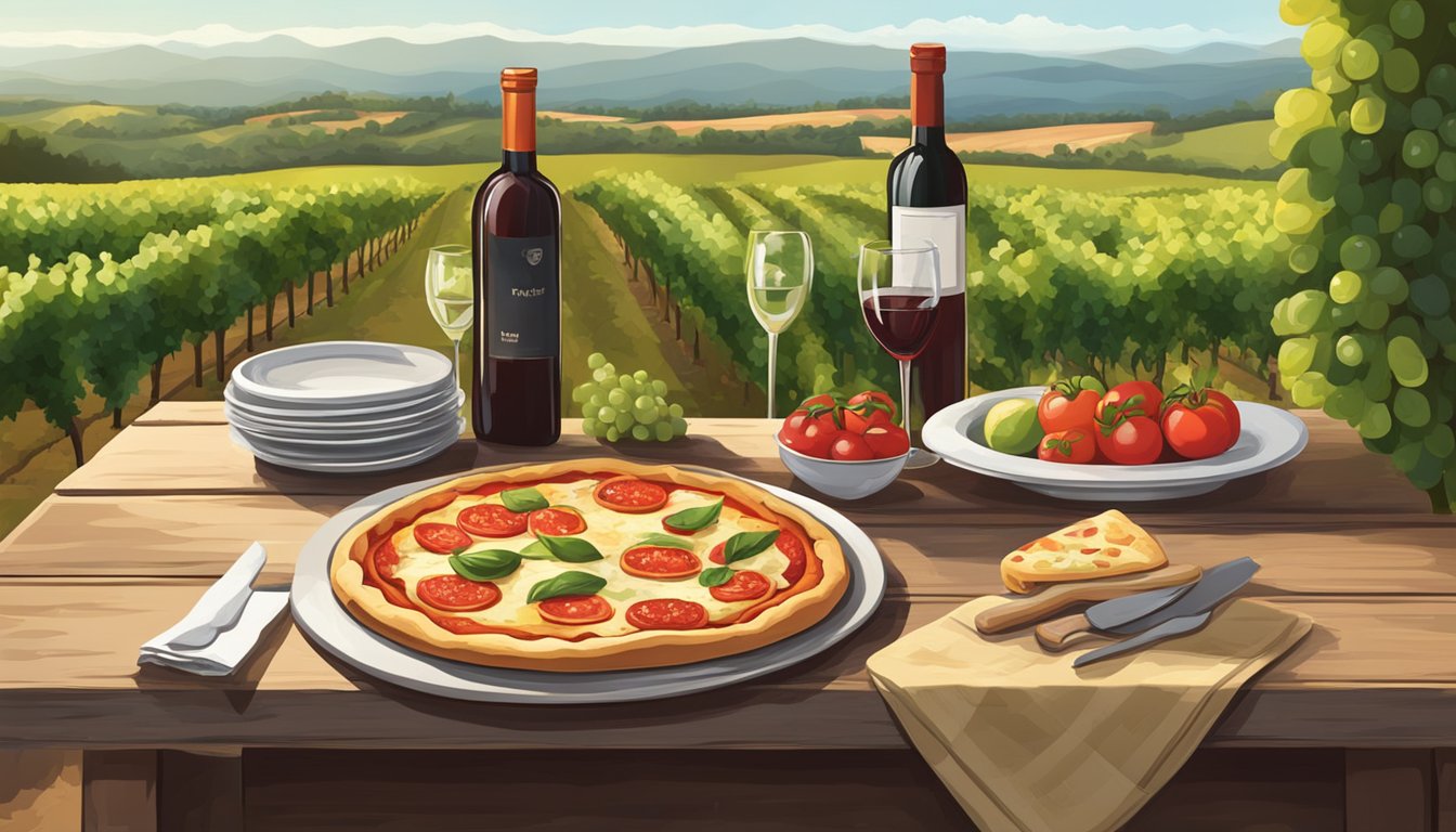 A rustic wooden table with a freshly baked margherita pizza and a bottle of red wine, surrounded by vineyard views