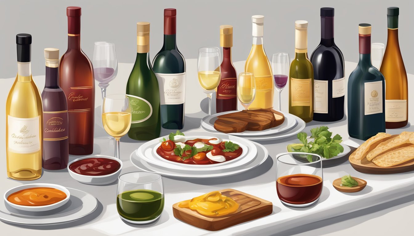 A table set with a spread of French sauces and condiments, accompanied by a variety of wine bottles and glasses, creating a sophisticated and inviting atmosphere