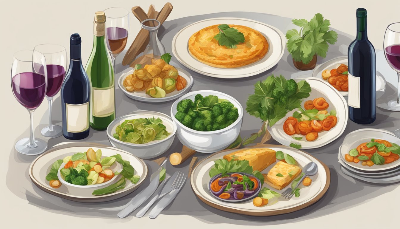 A table set with a spread of vegetarian and vegan French dishes, accompanied by a selection of wine bottles and glasses