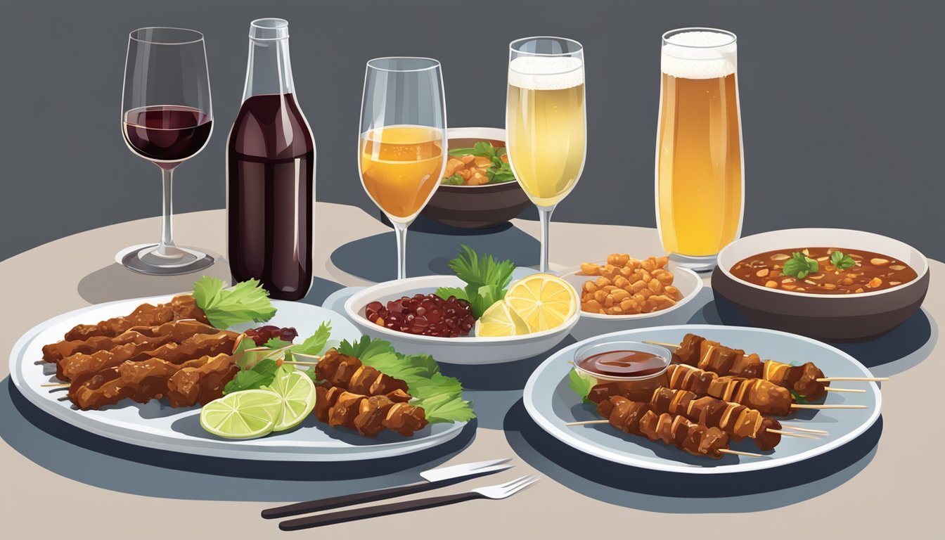 A table set with beef satay and a variety of alternative beverages, including red wine, beer, and sparkling water