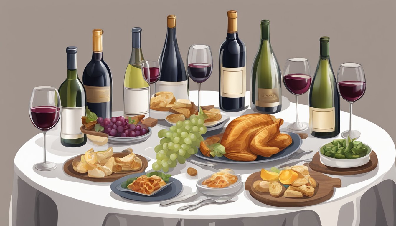 A table set with a spread of French cuisine and various bottles of wine, with elegant wine glasses and decorative accents