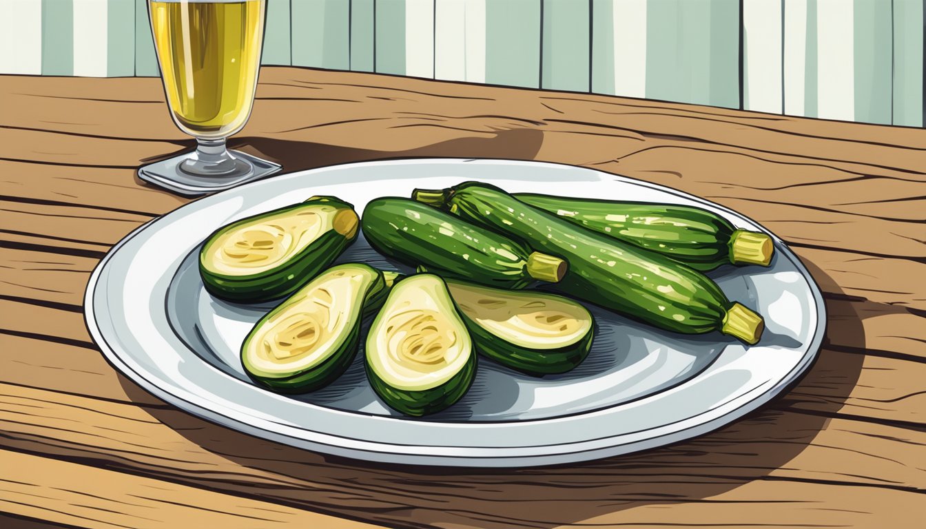 A glass of white wine next to a plate of grilled zucchini on a wooden table