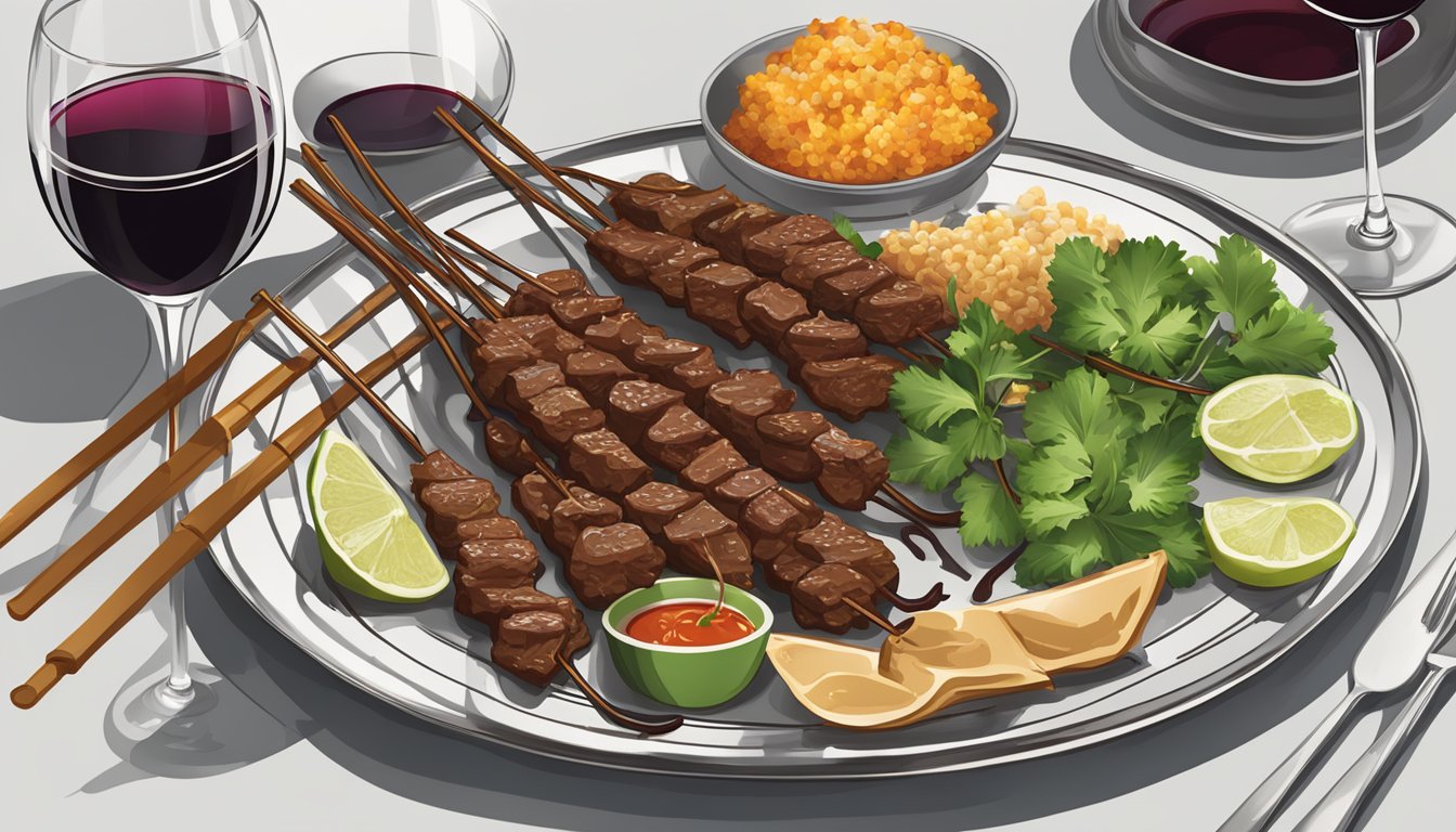 A table set with a platter of beef satay, accompanied by a bottle and glasses of red wine