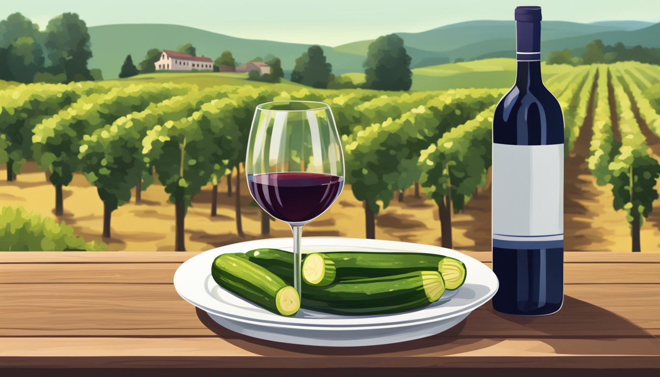 A bottle of red wine and a plate of grilled zucchini on a wooden table with a vineyard in the background