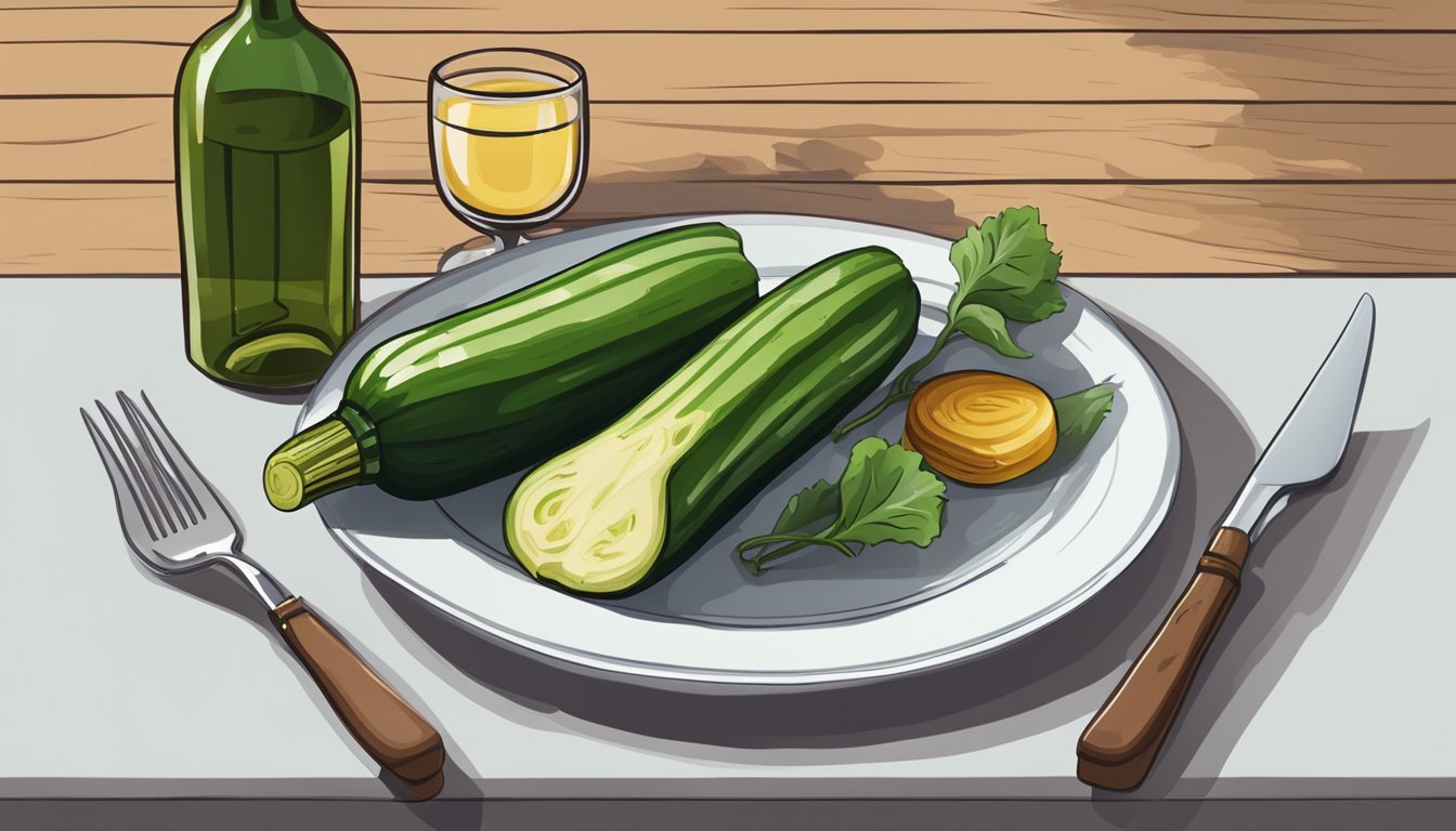 A bottle of wine next to a plate of grilled zucchini, with a fork and knife on the side