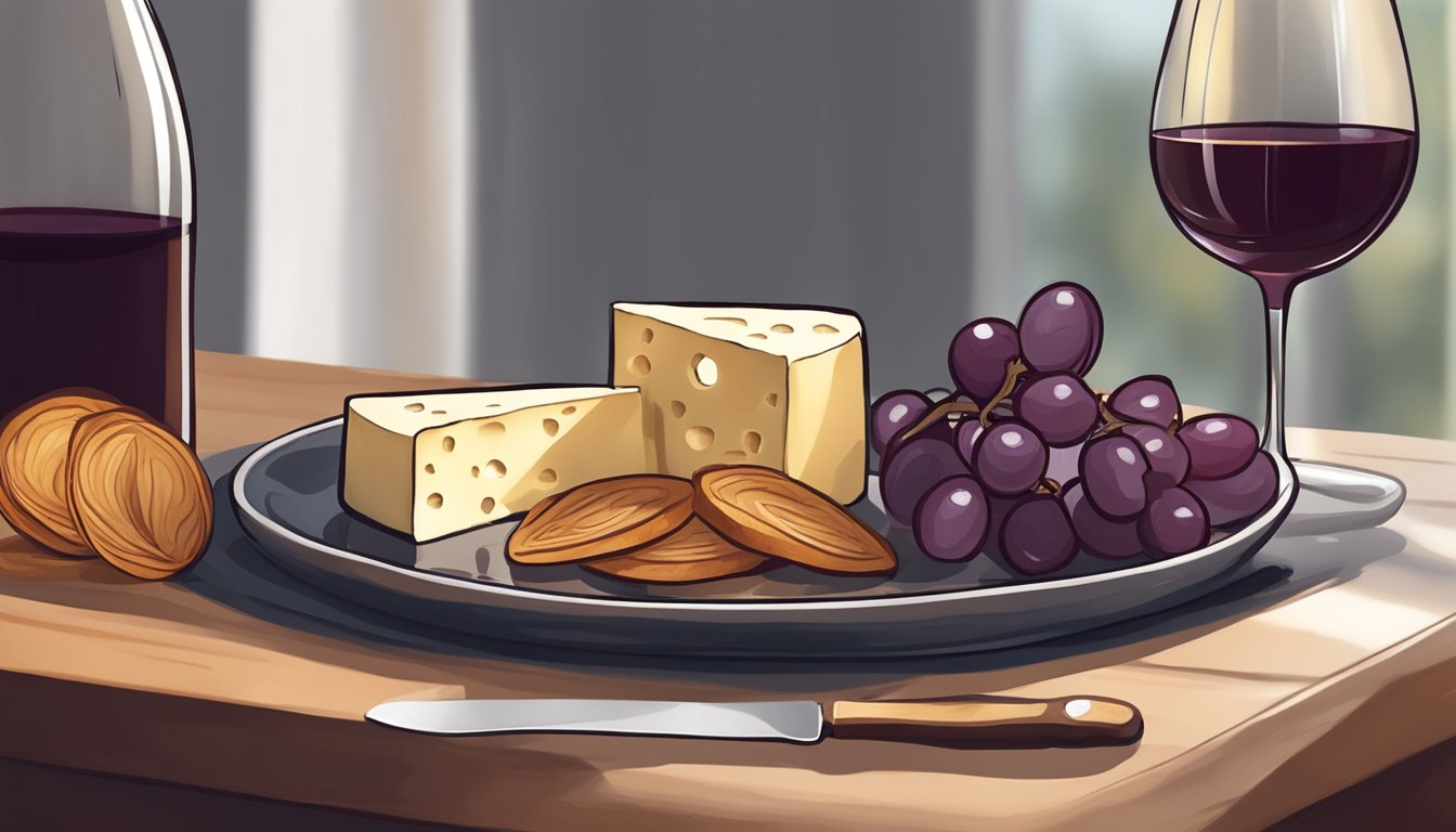 A glass of red wine next to a plate of caramelized onions and a cheese board