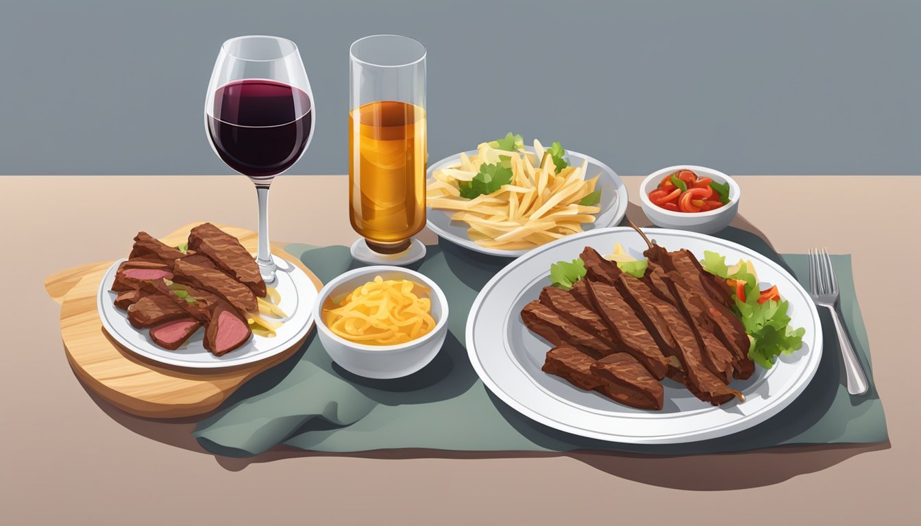 A table set with a plate of beef shawarma and a glass of red wine