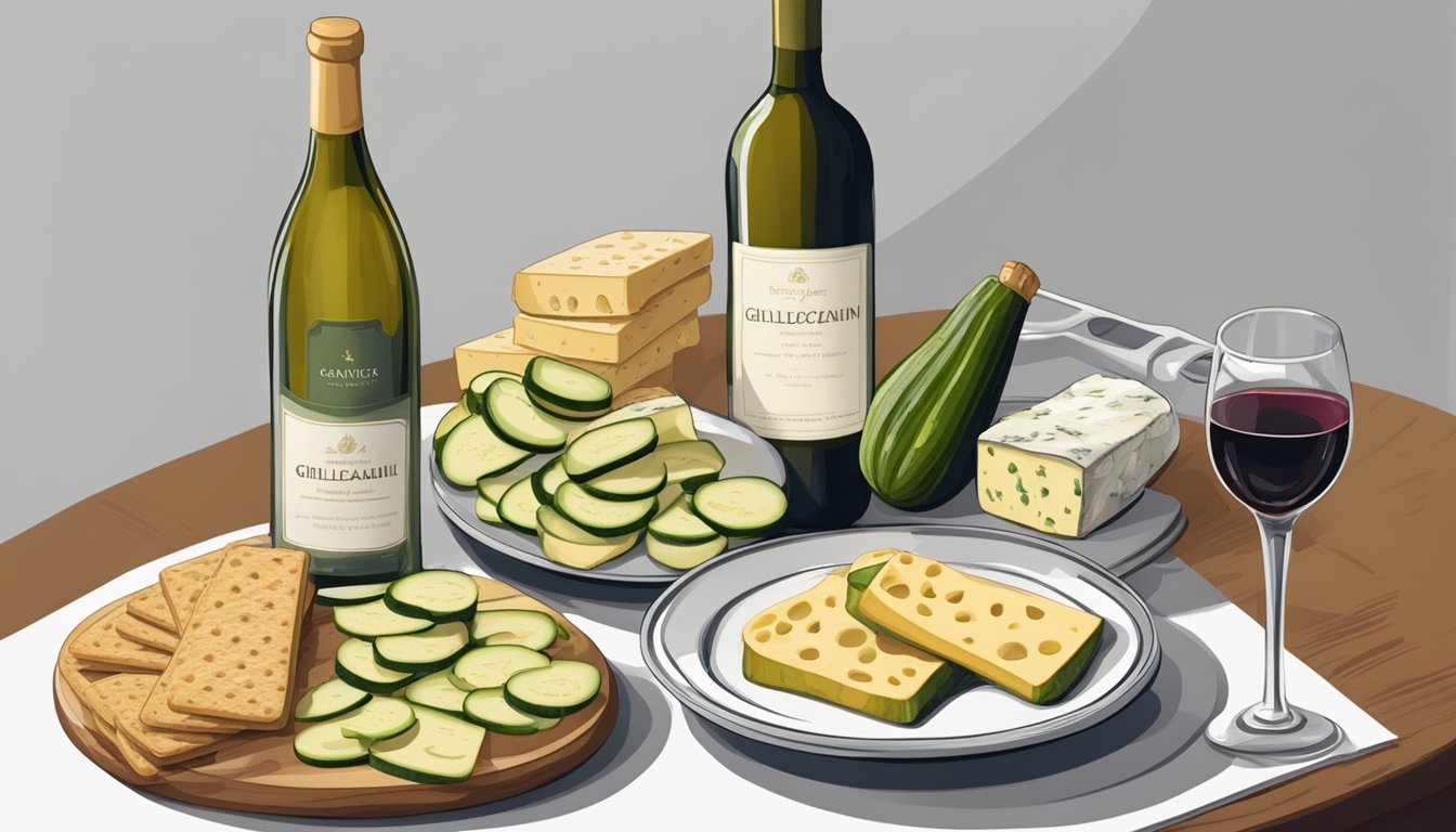 A table set with a platter of grilled zucchini, a bottle of wine, and a cheese board with various cheeses and crackers