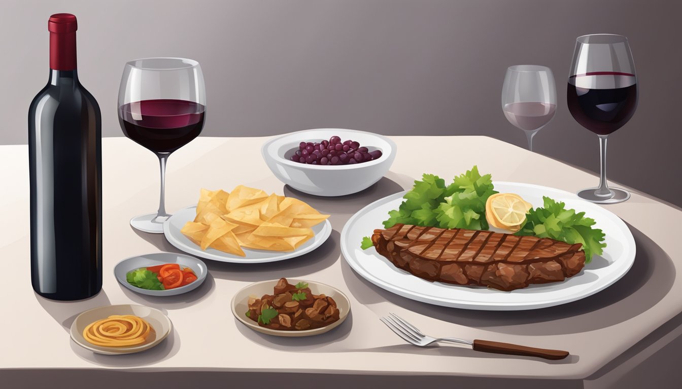 A table set with a plate of beef shawarma, a glass of red wine, and a bottle of wine with elegant wine glasses