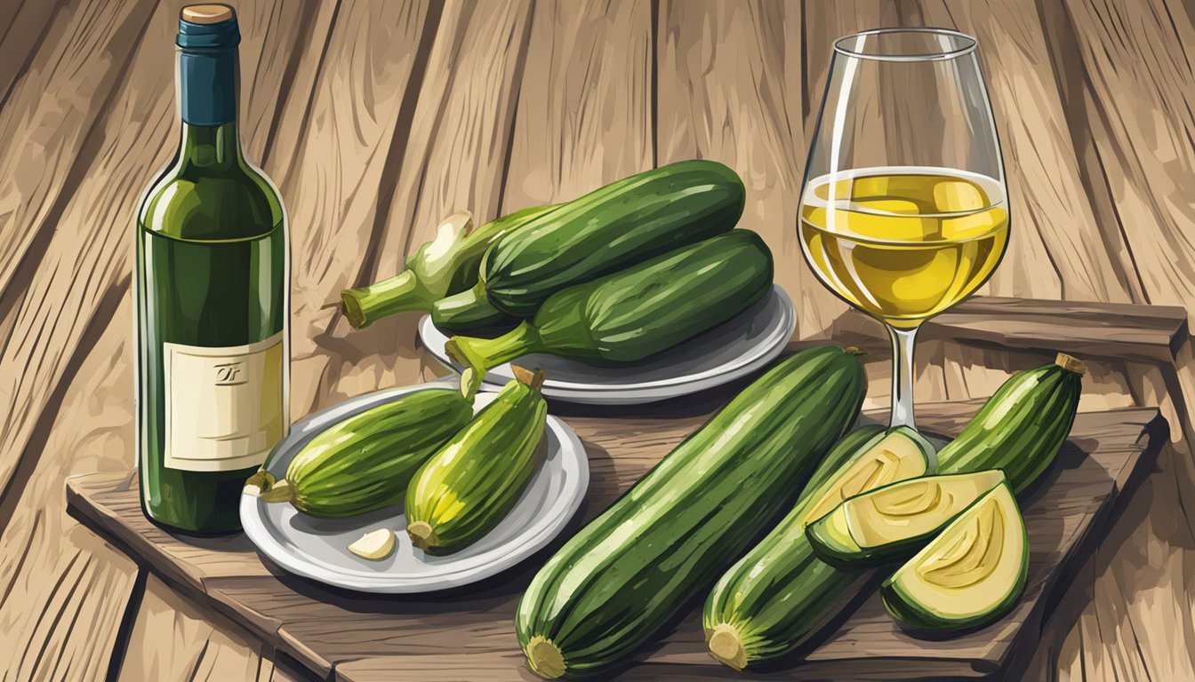 A bottle of white wine next to a plate of grilled zucchini on a rustic wooden table