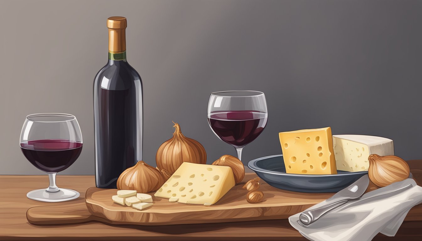 A bottle of red wine next to a platter of caramelized onions and a cheese board