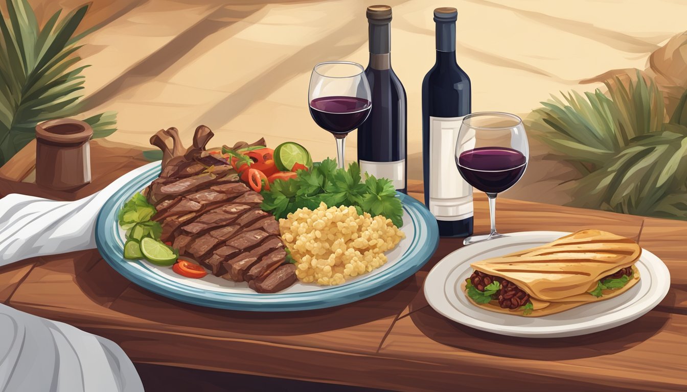 A table set with a plate of beef shawarma and a bottle of red wine, surrounded by Mediterranean decor