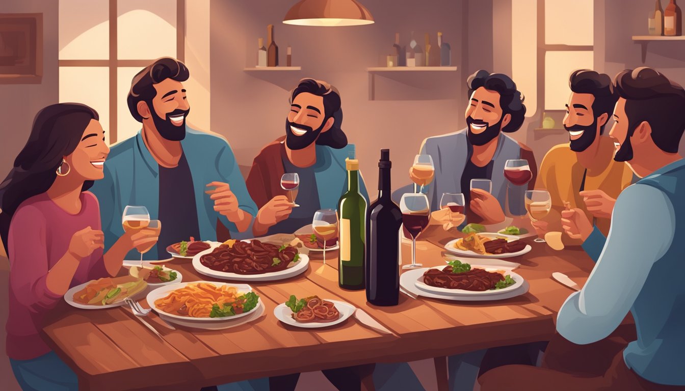 A table set with beef shawarma and a bottle of red wine, surrounded by friends laughing and enjoying the meal together