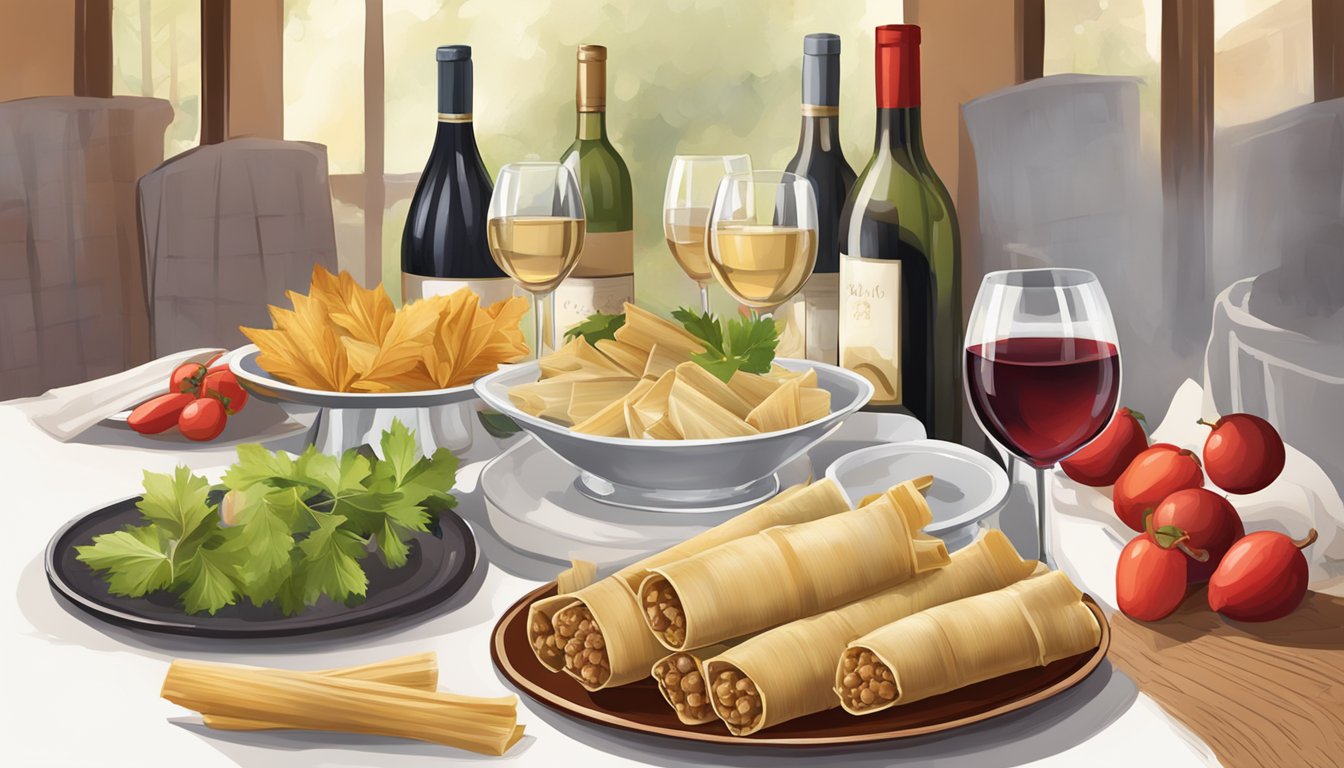 A festive table setting with steaming pork tamales and a selection of red and white wines