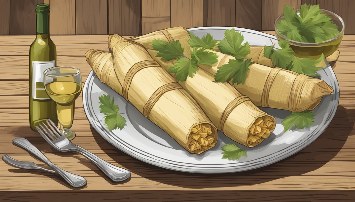 A bottle of white wine next to a plate of pork tamales on a rustic wooden table