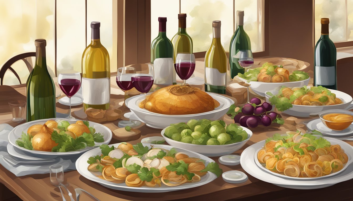 A table set with a variety of onion-centric dishes, surrounded by bottles of wine and wine glasses