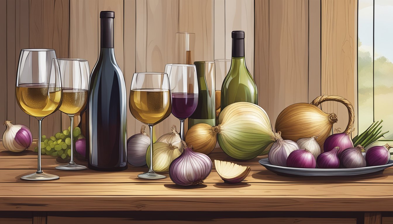 A rustic wooden table set with a variety of onions, alongside a selection of different wine bottles and glasses