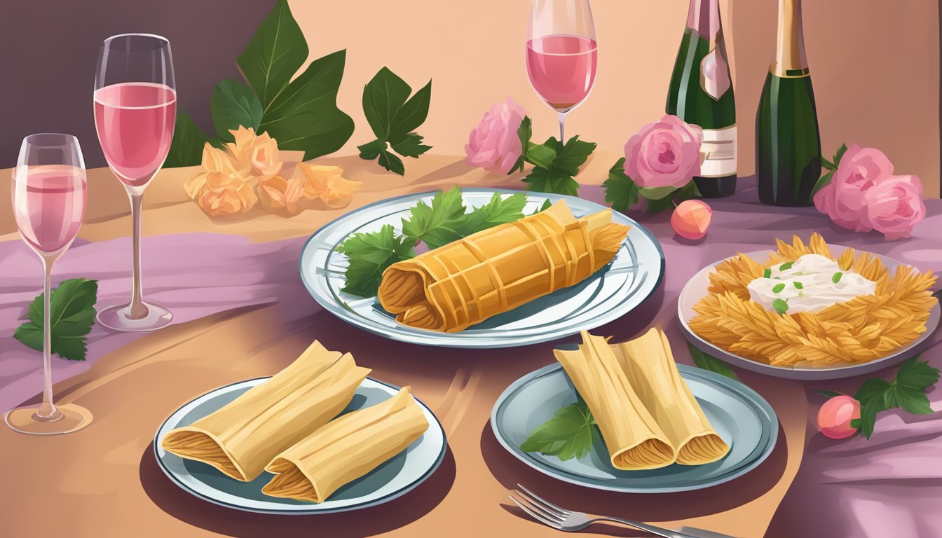 A festive table setting with a plate of pork tamales and a glass of rosé or sparkling wine