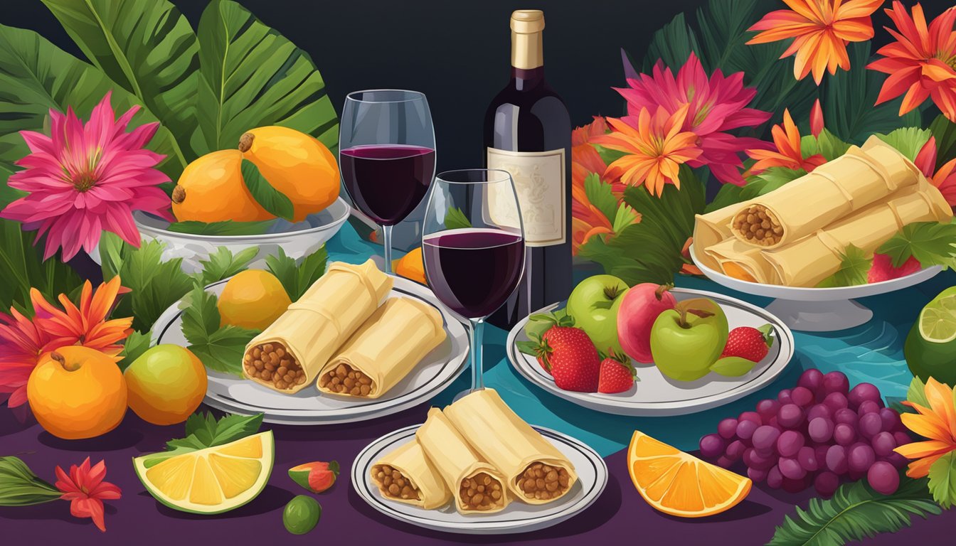 A table set with a plate of pork tamales and a bottle of red wine, surrounded by vibrant and exotic fruits and flowers