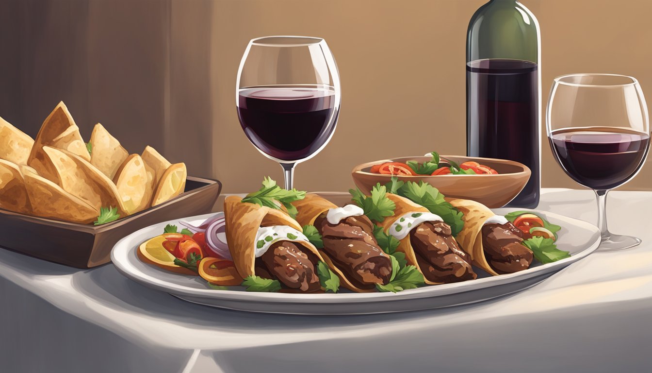 A table set with beef gyros, red wine, and a Mediterranean-inspired ambiance