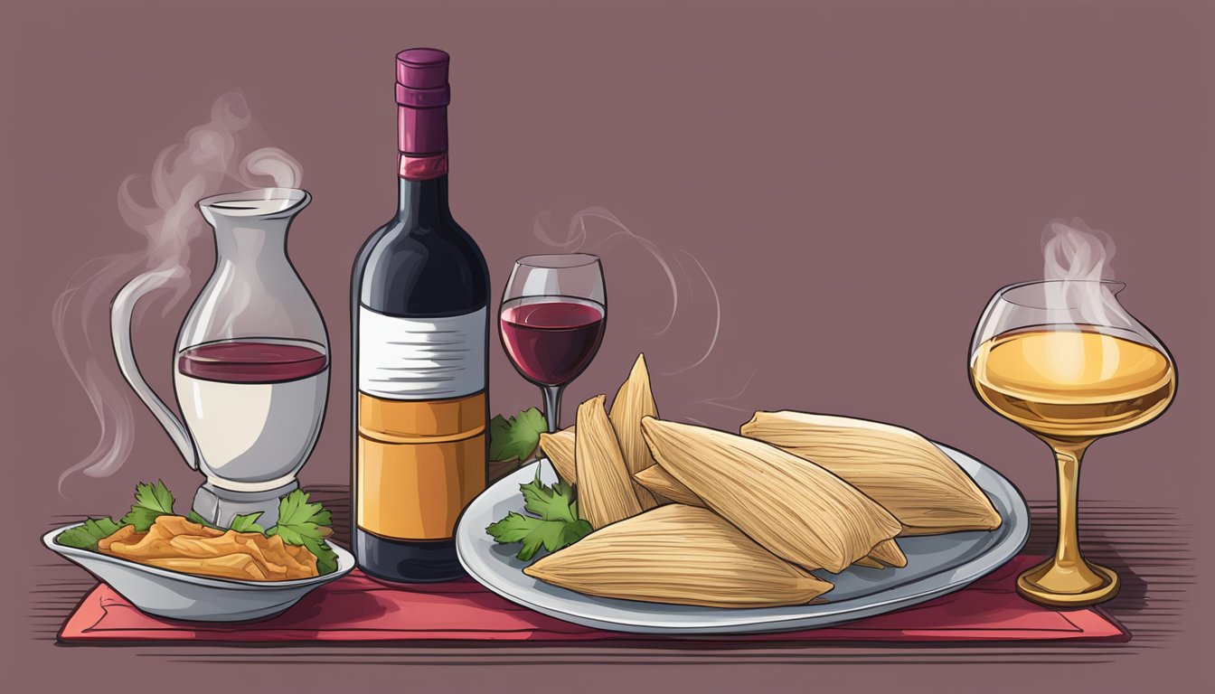 A table set with a steaming plate of pork tamales and a bottle of red wine