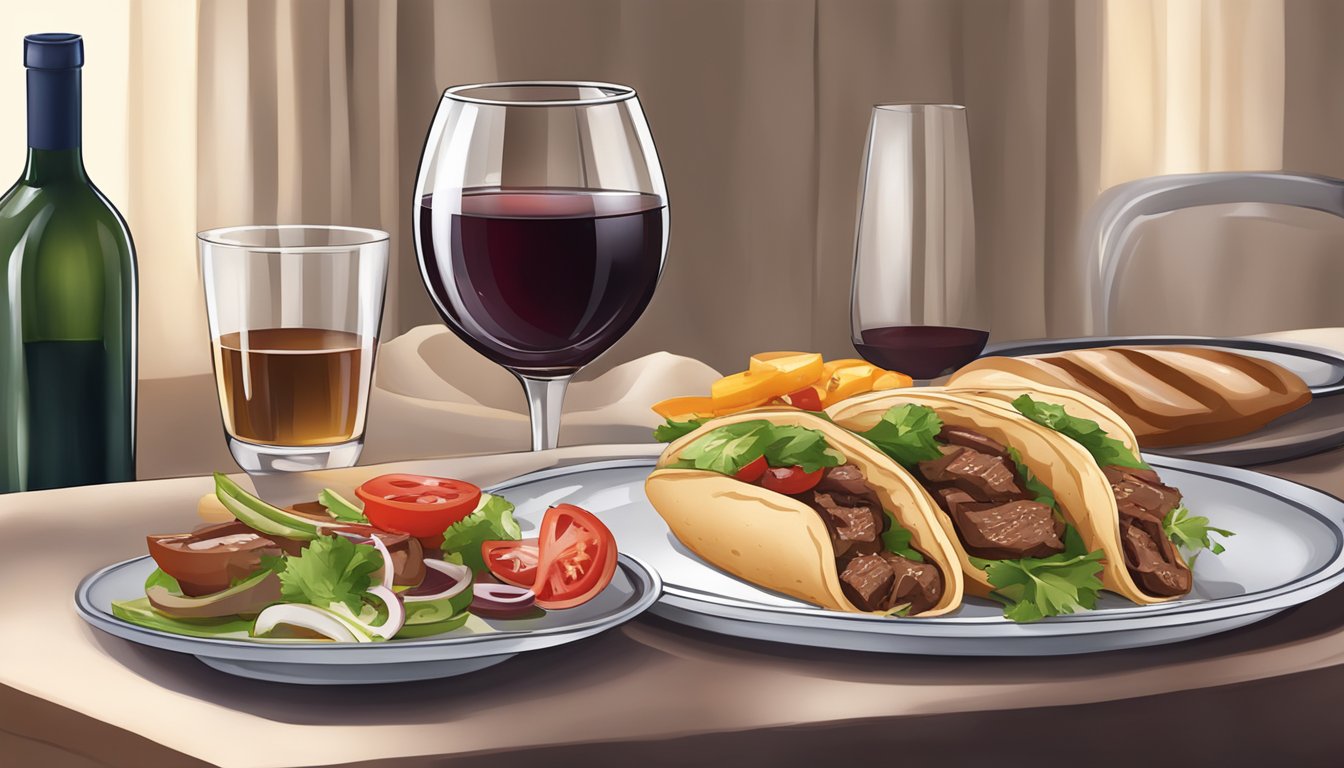 A table set with a plate of beef gyros and a glass of red wine