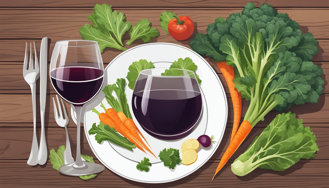 A glass of red wine next to a plate of fresh kale and other vegetables on a rustic wooden table