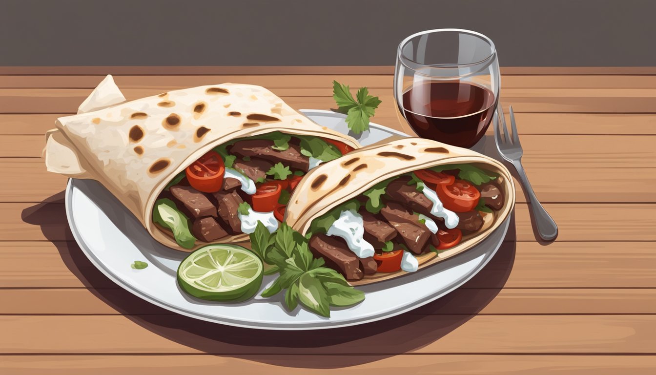 A bottle of red wine next to a plate of beef gyros with a side of tzatziki sauce and pita bread