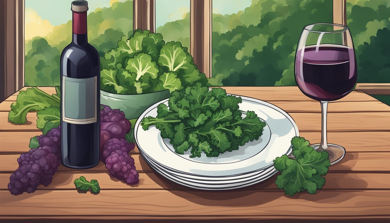 A bottle of red wine next to a plate of kale and other vegetables on a wooden table