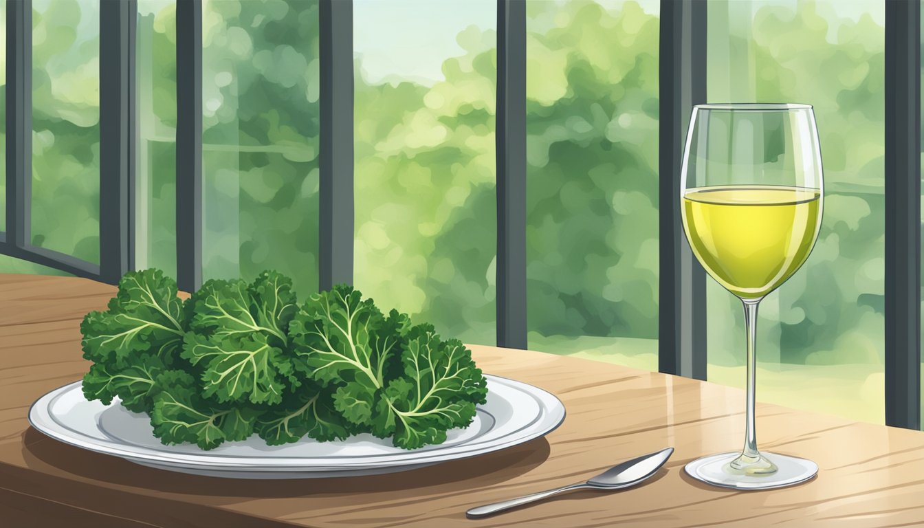 A glass of white wine next to a plate of fresh kale on a wooden table