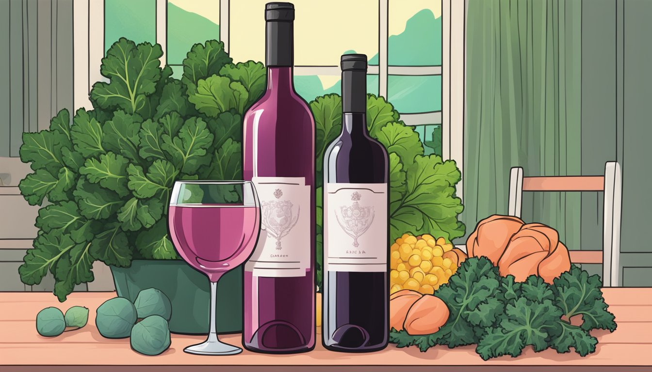 A bottle of red wine and a bottle of rosé sit on a table next to a vibrant bunch of fresh kale