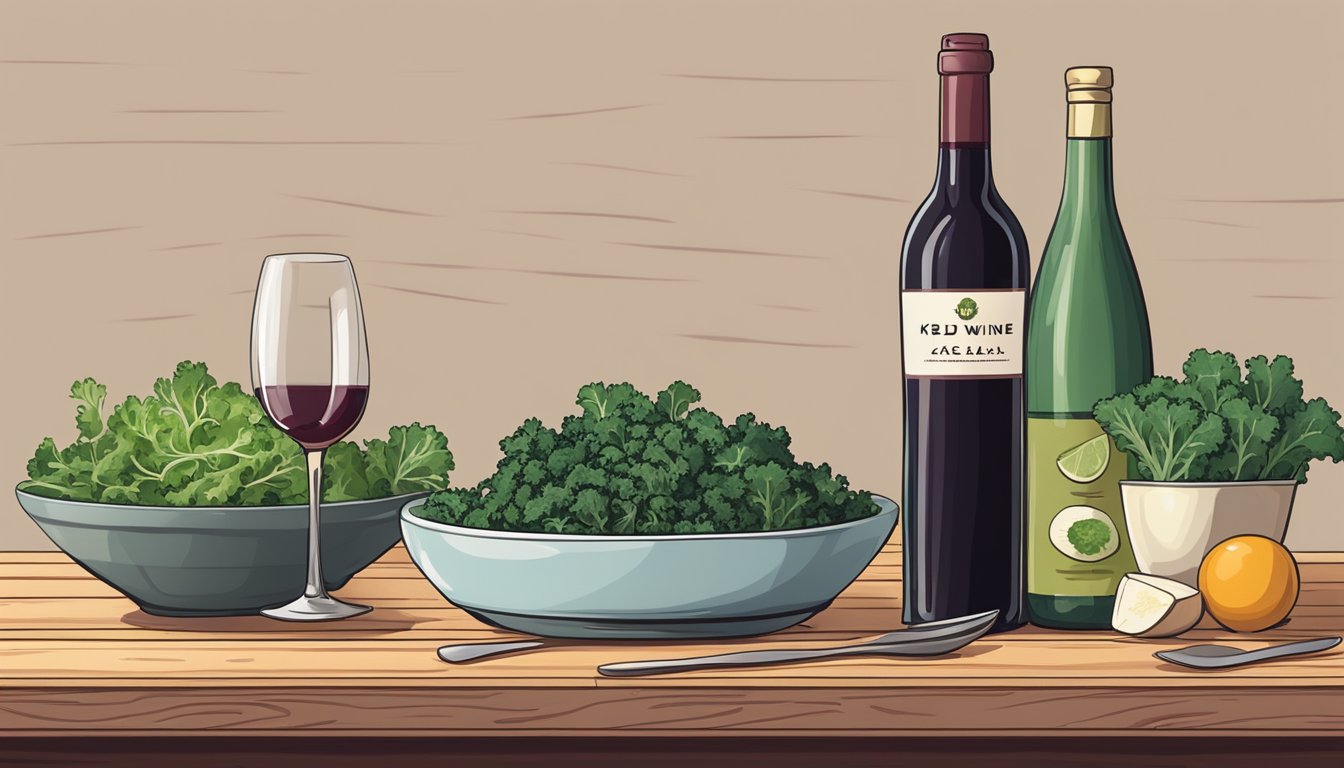 A bottle of red wine next to a bowl of kale salad with various pairing options laid out on a wooden table