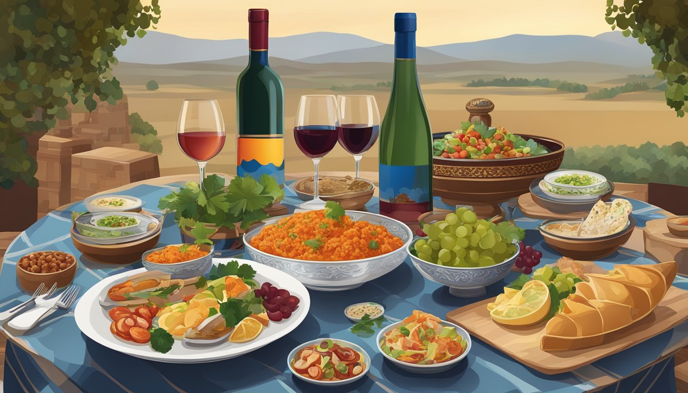 A table set with Azerbaijani dishes and various wine bottles for pairing