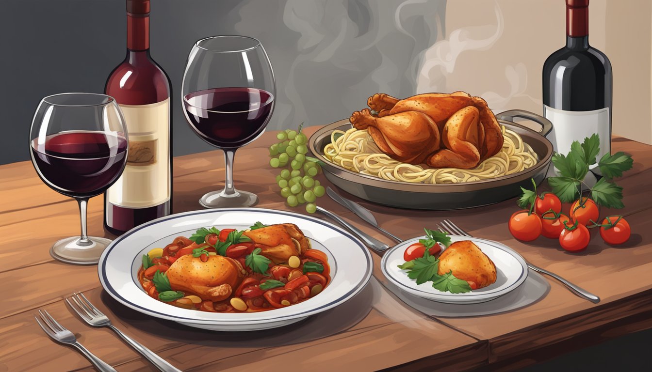 A rustic dining table set with a steaming plate of chicken cacciatore, a bottle of red wine, and two wine glasses