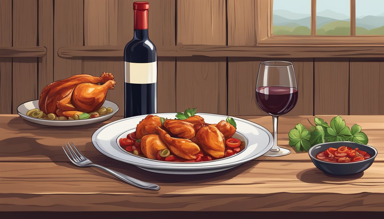 A bottle of red wine and a plate of chicken cacciatore on a rustic wooden table