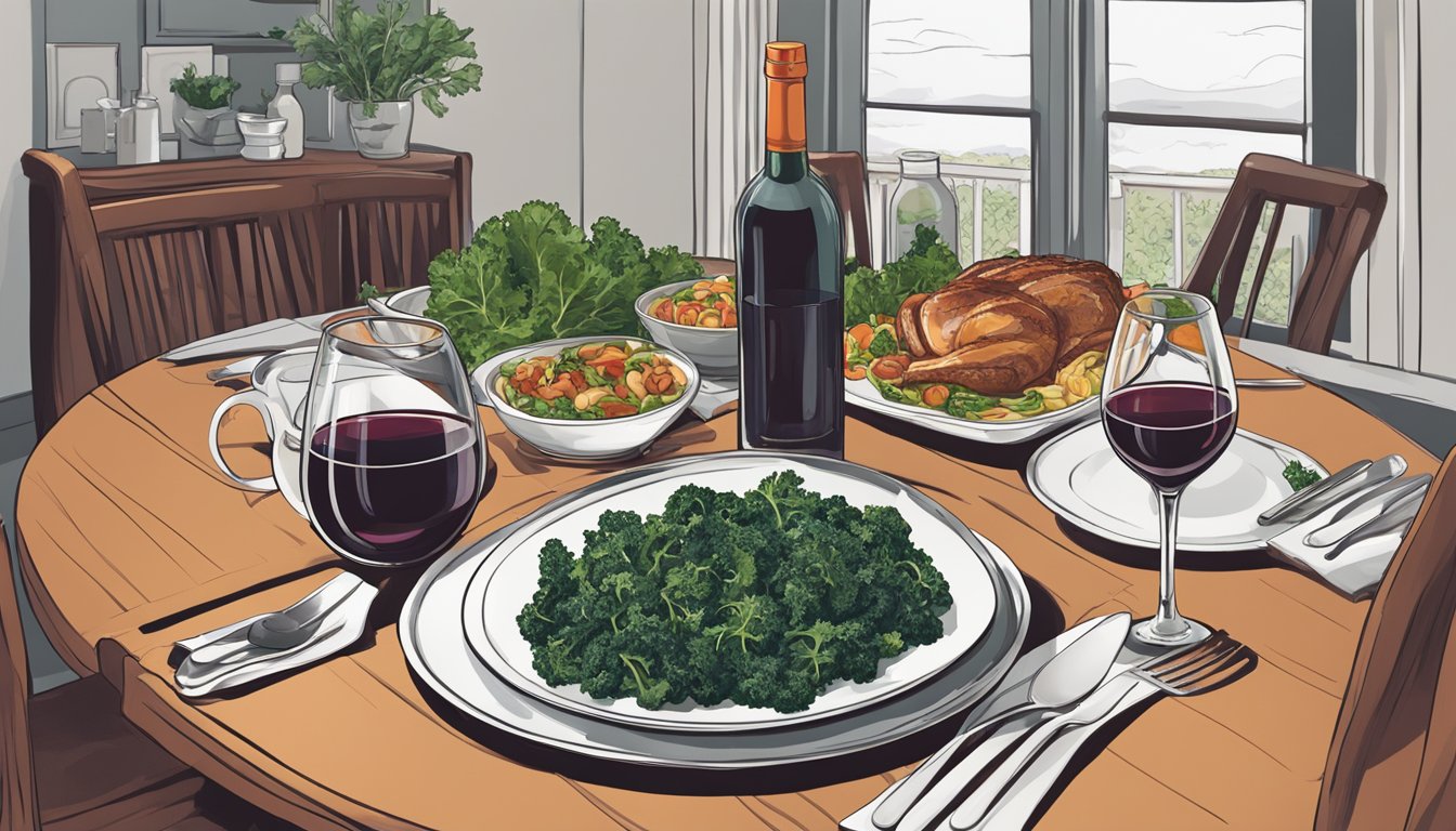 A dinner table set with a variety of main dishes, accompanied by a vibrant serving of kale. A bottle of red wine sits alongside, ready to be poured