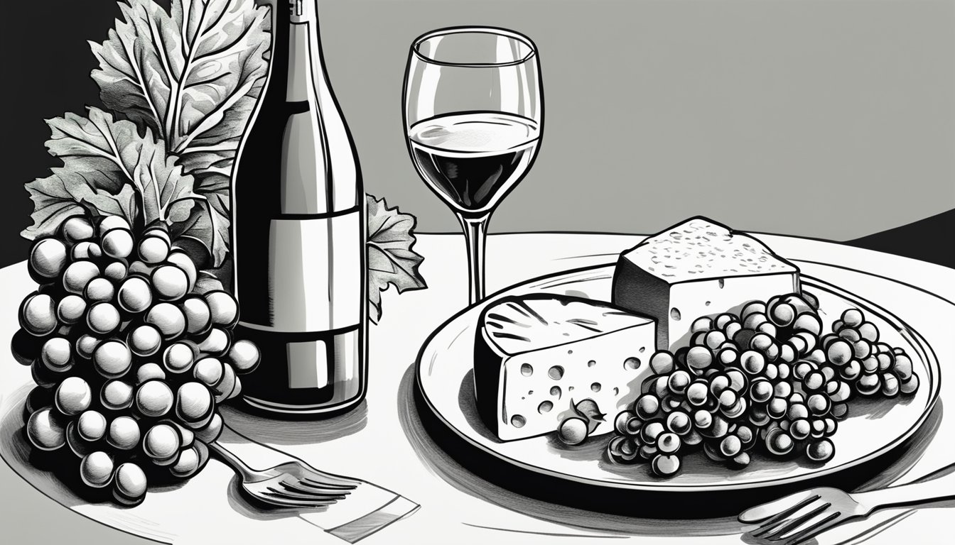 A bottle of sparkling wine sits next to a plate of fresh kale, grapes, and cheese, with a glass ready to be poured