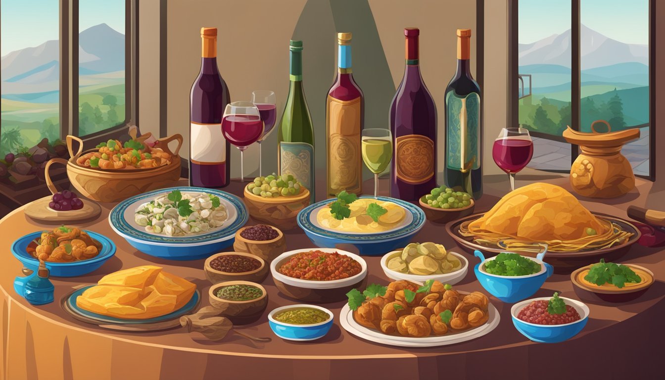 A table set with traditional Azerbaijani dishes, surrounded by bottles of various wine varieties