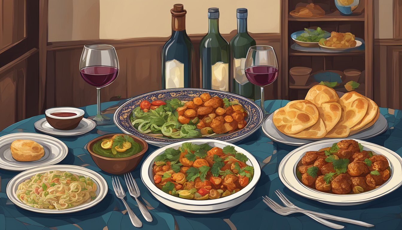 A table set with Azerbaijani dishes and a bottle of wine, with a cozy ambiance