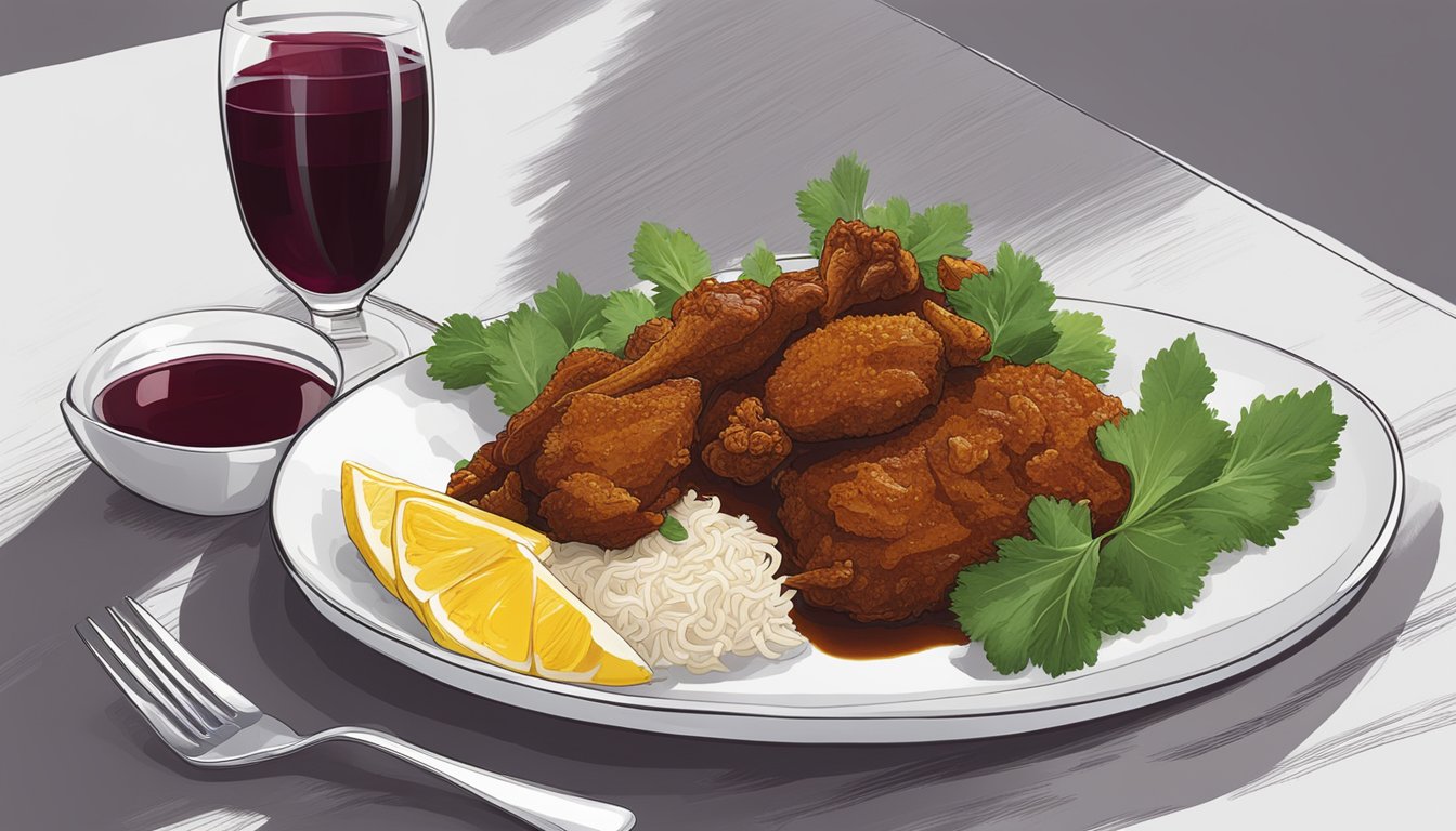 A plate of aromatic chicken rendang next to a glass of rich red wine