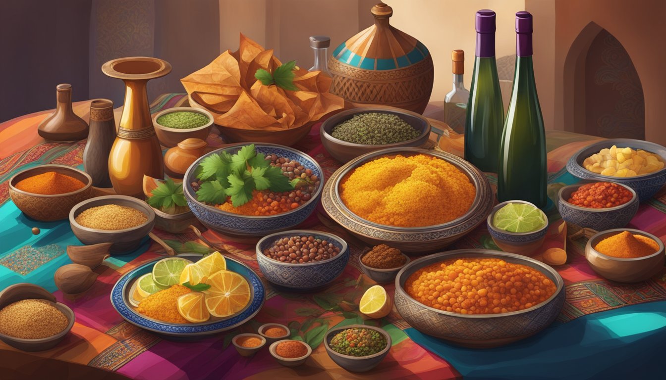 A table set with a colorful spread of Moroccan dishes and a selection of wine bottles, with exotic spices and ingredients scattered around