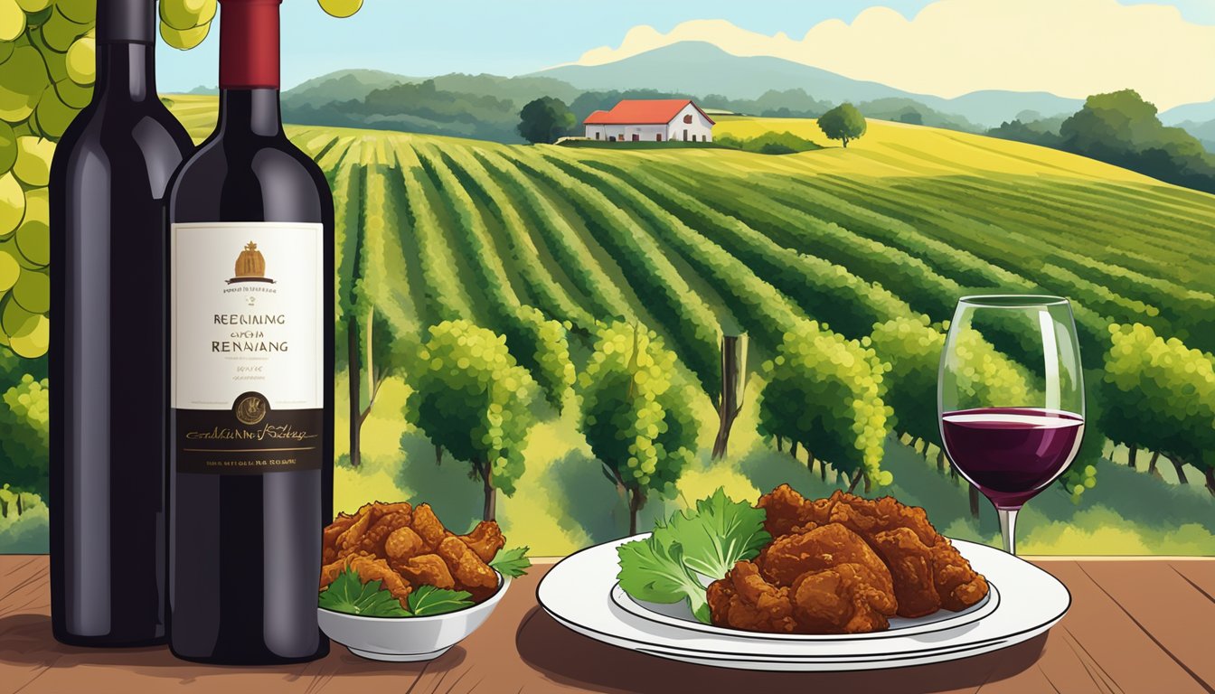 A bottle of red wine next to a plate of chicken rendang, with a vineyard in the background